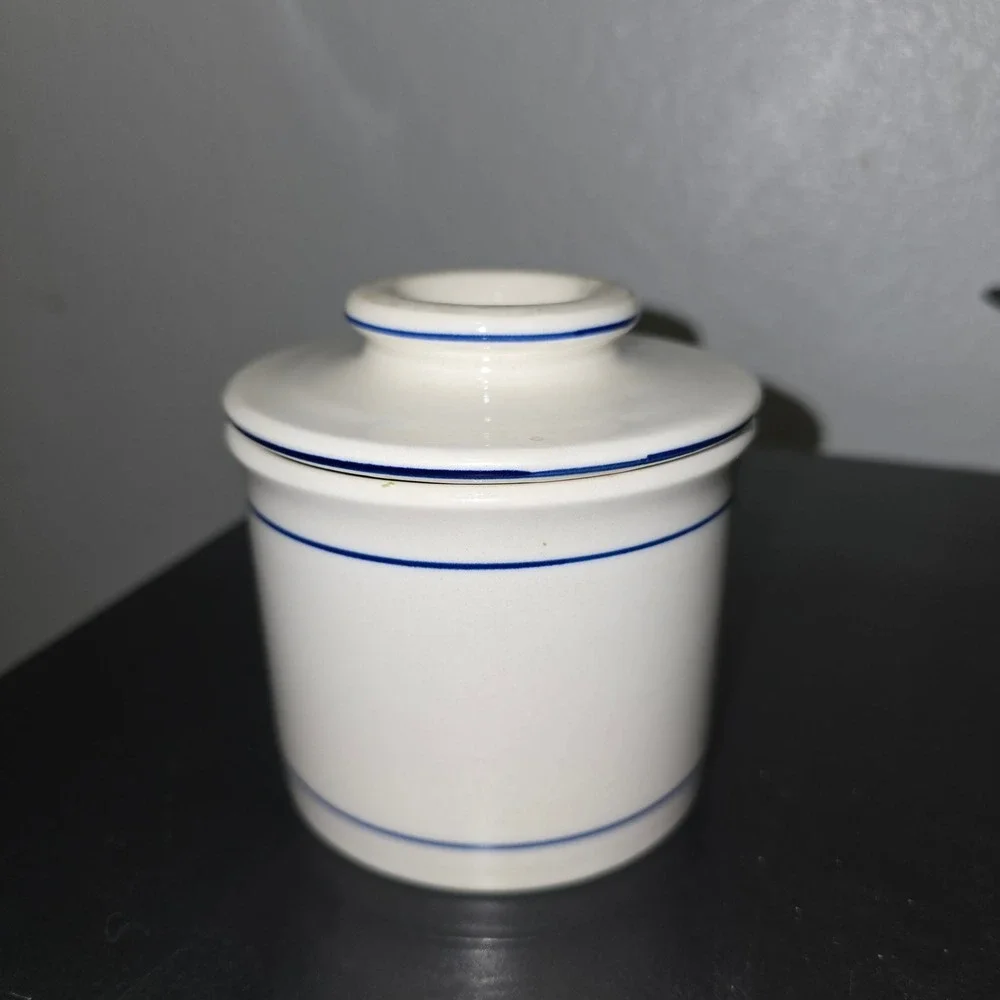 Norpro cream-colored stoneware butter keeper classic blue stripe design